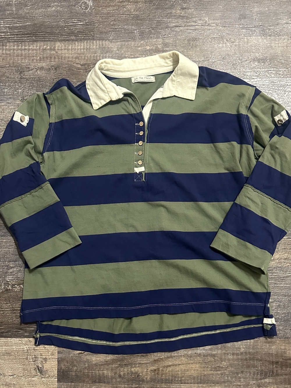 We The Free People Peyton Rugby Shirt Striped Long Sleeve Polo Green Blue